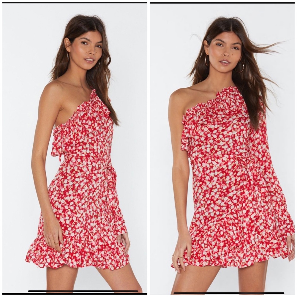 Nasty Gal Our Options Are Open One Shoulder Red Floral dress size 4
